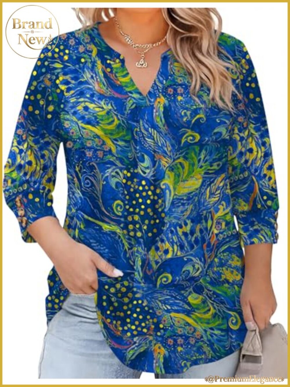Plus Size Tunic Top with 3/4 Sleeve Front Pleated V-Neck Cotton Blend